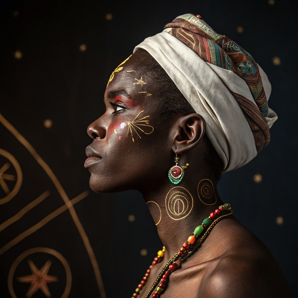 Afrocentric portrait with warm ochre and earth tones