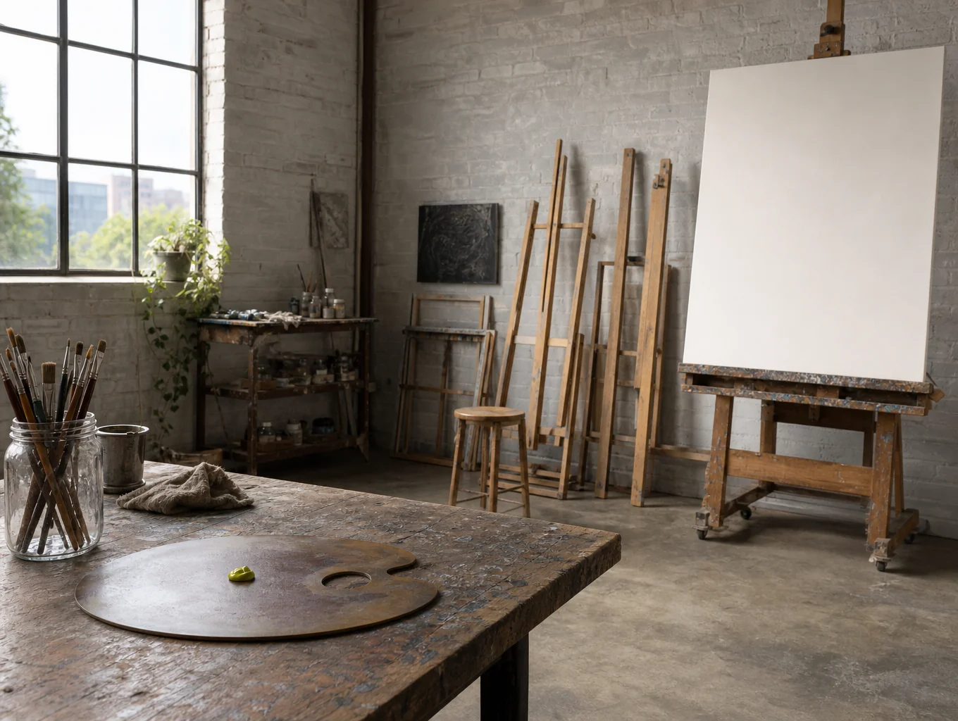 Spacious art studio with oil paintings in progress
